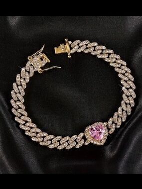 Gold-Tone Cubic Zirconia Chain Bracelet with Pink Heart Center